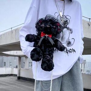 Fluffy Teddy Bear Black& Red Lolita Purse Bag Pearl Straps